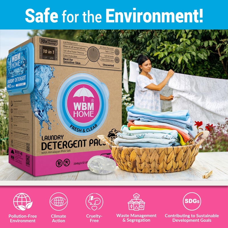 WBM Home Laundry Detergent Pods, 128 Count | Fresh & Clear Unscented | Laundry Pods 10x Ultrapower Cleaning With Color Protection and Eco-Friendly Packaging - Image 4
